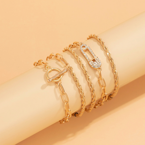 Goldtone Chain Link Bracelet Set With Crystal Safety Pin