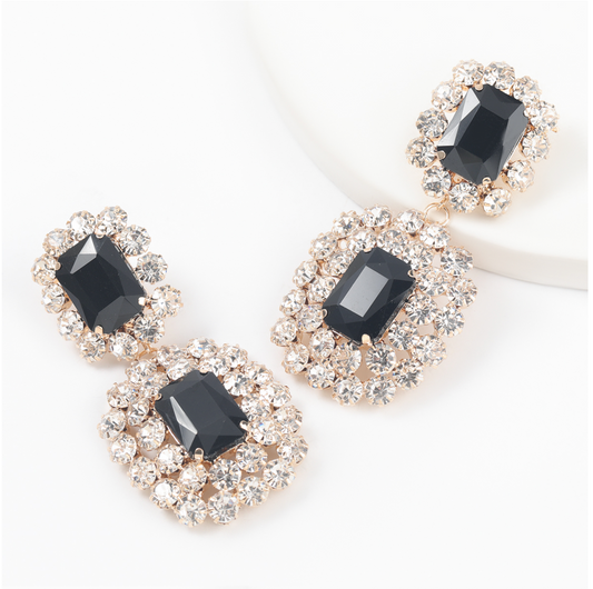 Goldtone & Black Crystal Encrusted Dual Drop Earrings