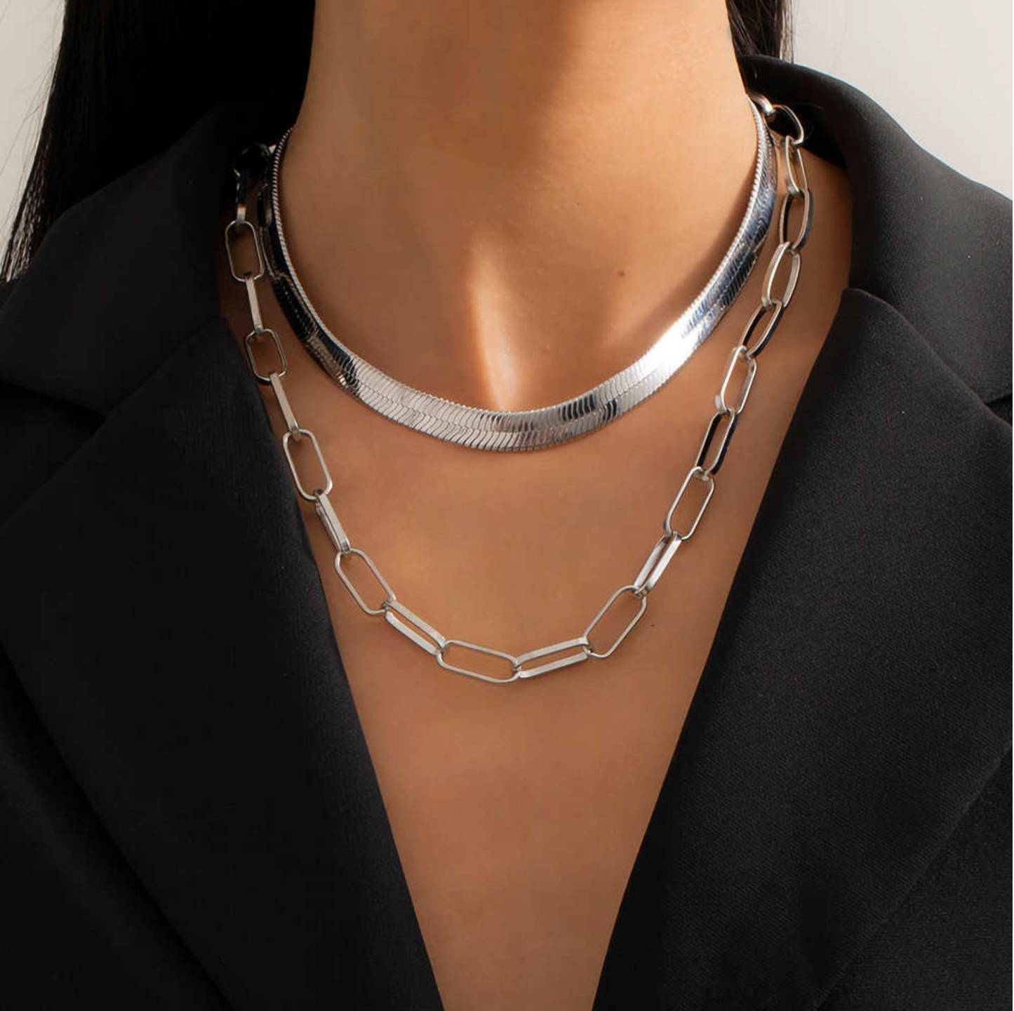 Silvertone Curb Chain Link Layered Necklace