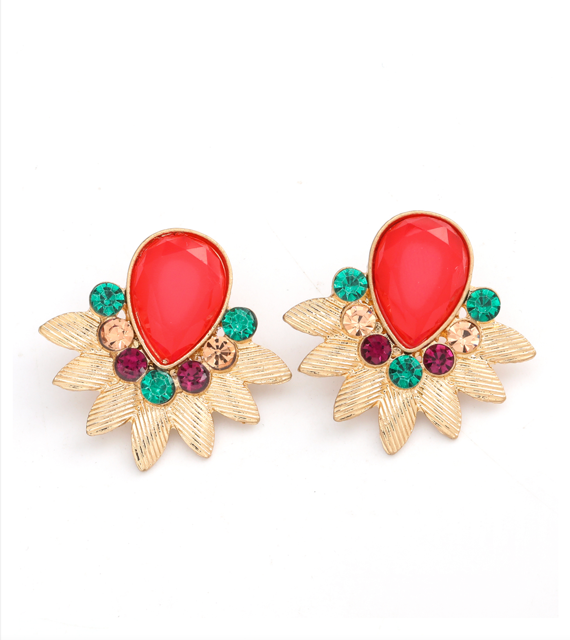 Gold-tone fan stud earrings with red teardrop centres and multicoloured accents