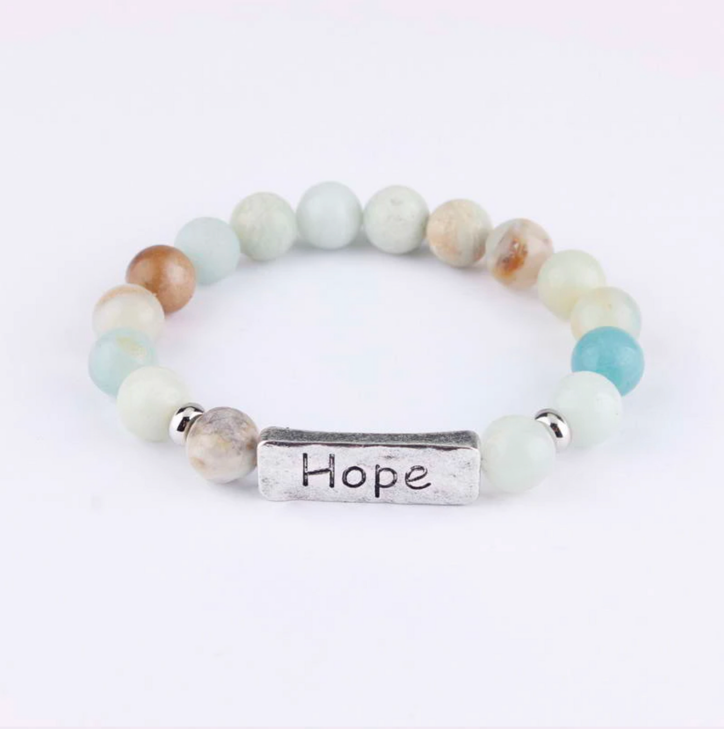 Silvertone Amazonite Gemstone "hope" Beaded Bracelet