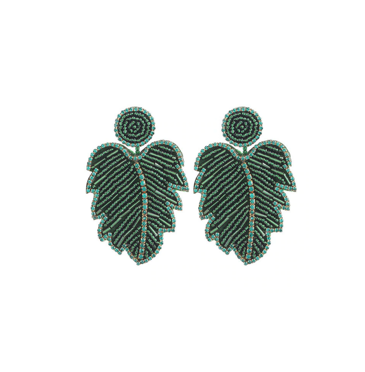 Green Beaded Leaf Drop Earrings