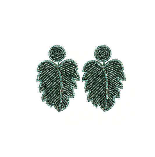 Green Beaded Leaf Drop Earrings