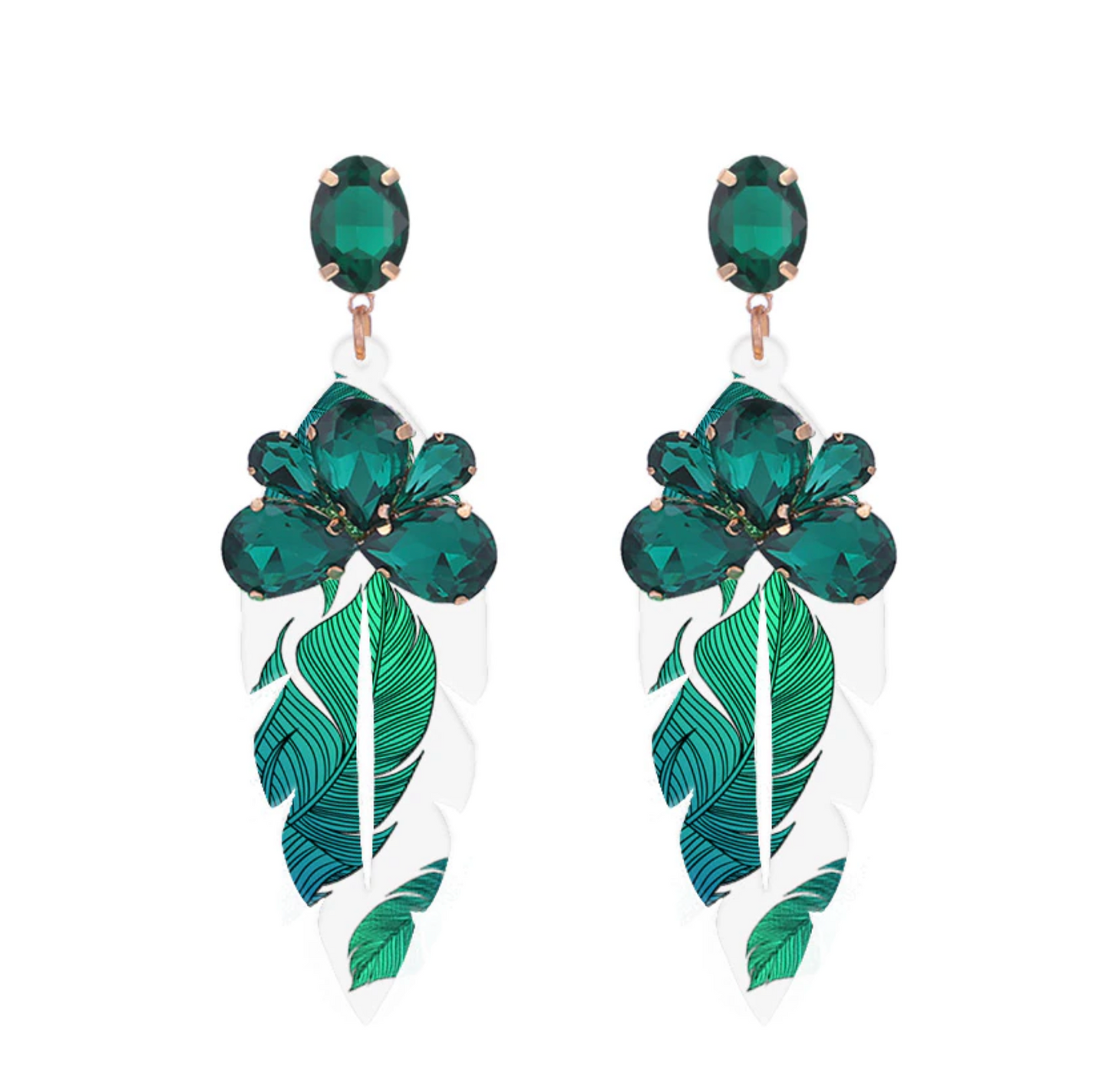 Statement Emerald Crystal Palm Leaf Drop Earrings