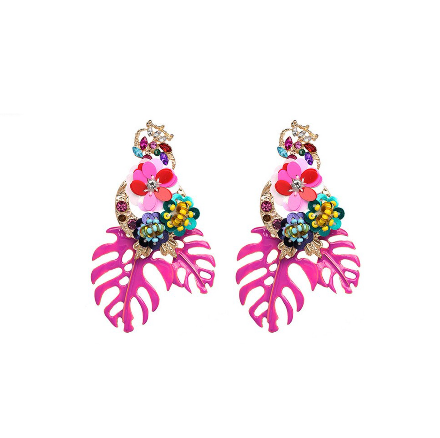 Pink Leaves & Clustered Flower Drop Earrings