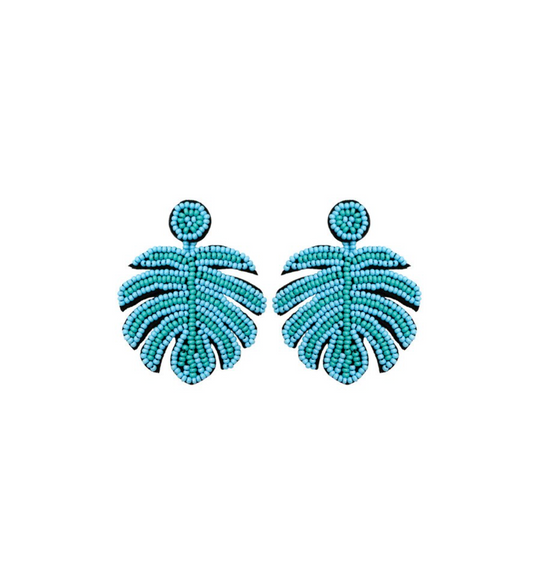 Turquoise Beaded Tropical Leaf Drop Earrings