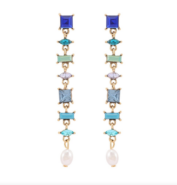 Blue Mix Geometric Crystal Drop Earrings With Imitation Pearl