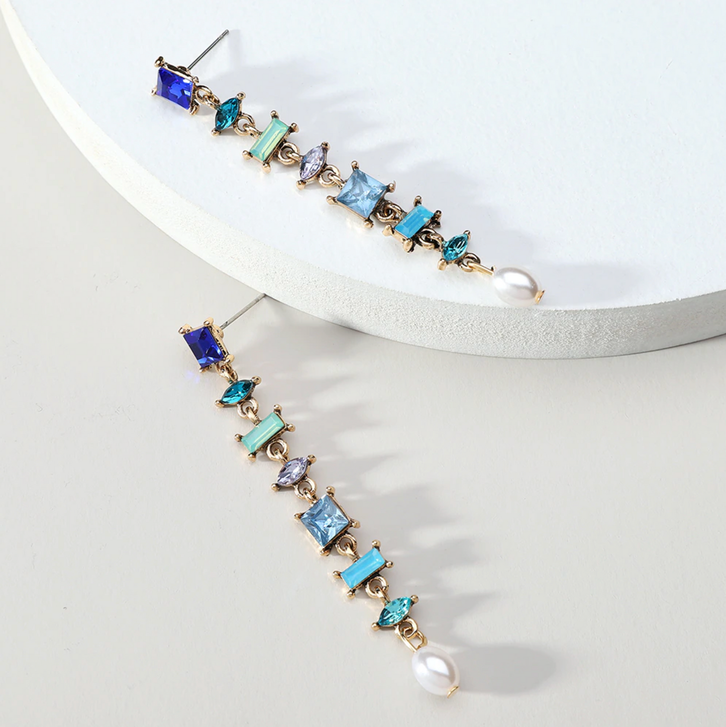 Blue Mix Geometric Crystal Drop Earrings With Imitation Pearl