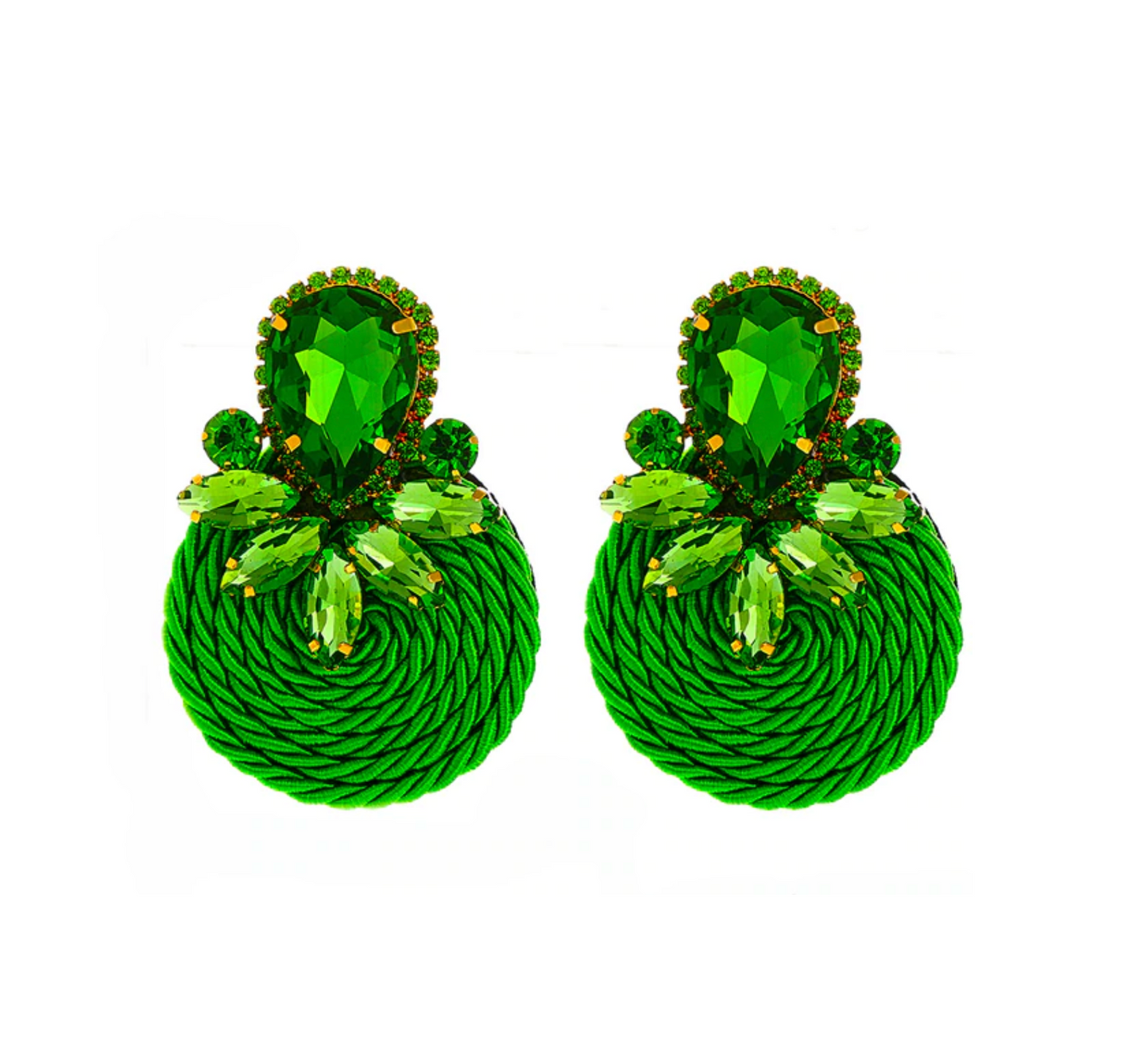 Green And Crystal Rope Round Stud Statement Earrings