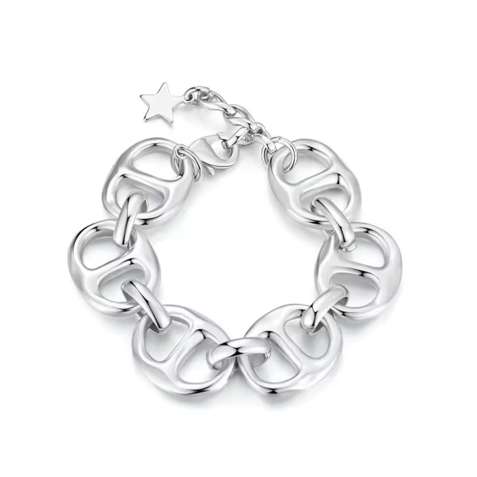 polished platinum-plated chunky double-hole link bracelet with dangling star charm and lobster clasp, adjustable chain