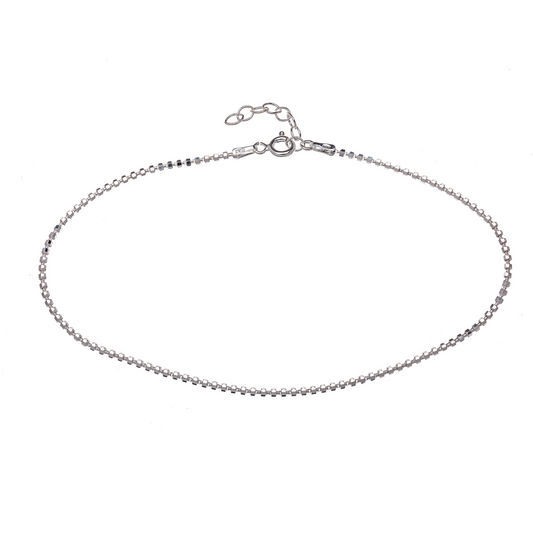 Sterling silver faceted bead chain anklet with spring ring clasp and extender, minimalist jewellery