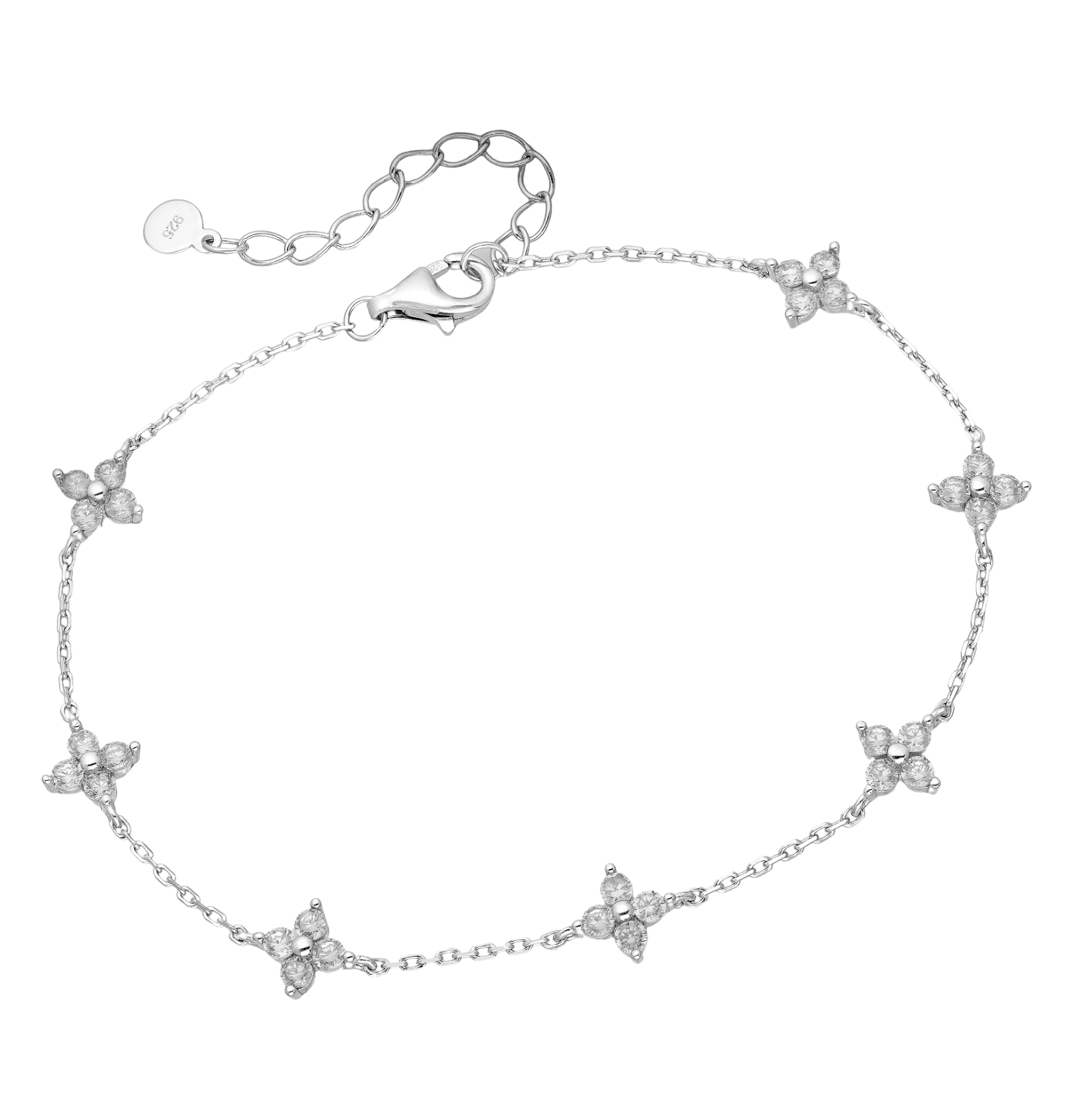 sterling silver pavé CZ station bracelet with tiny four-petal clusters on an adjustable chain, lobster clasp