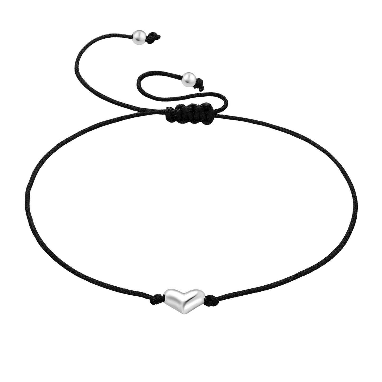 Black cord necklace with a silver heart charm on a white background