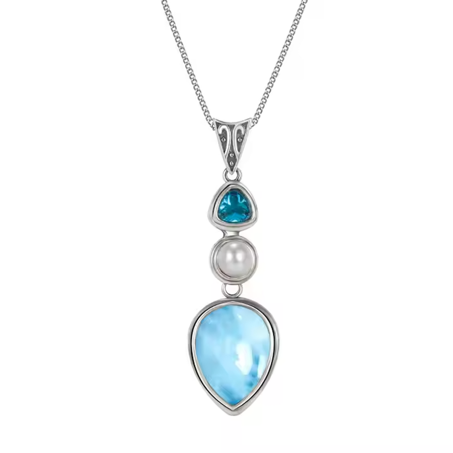Sterling Silver Larimar, Pearl & Blue Topaz Pendant – 40x10mm Drop Necklace