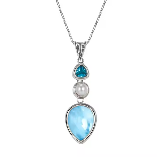 Sterling Silver Larimar, Pearl & Blue Topaz Pendant – 40x10mm Drop Necklace