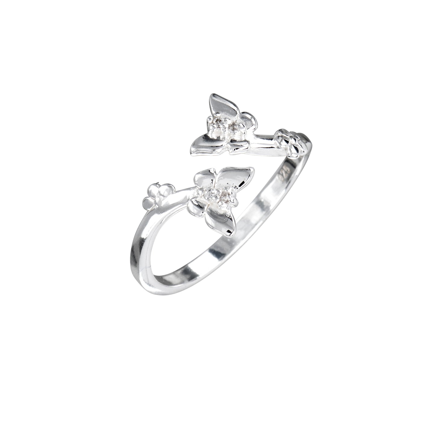 Sterling Silver & Cubic Zirconia  Dual Butterfly Open Ring