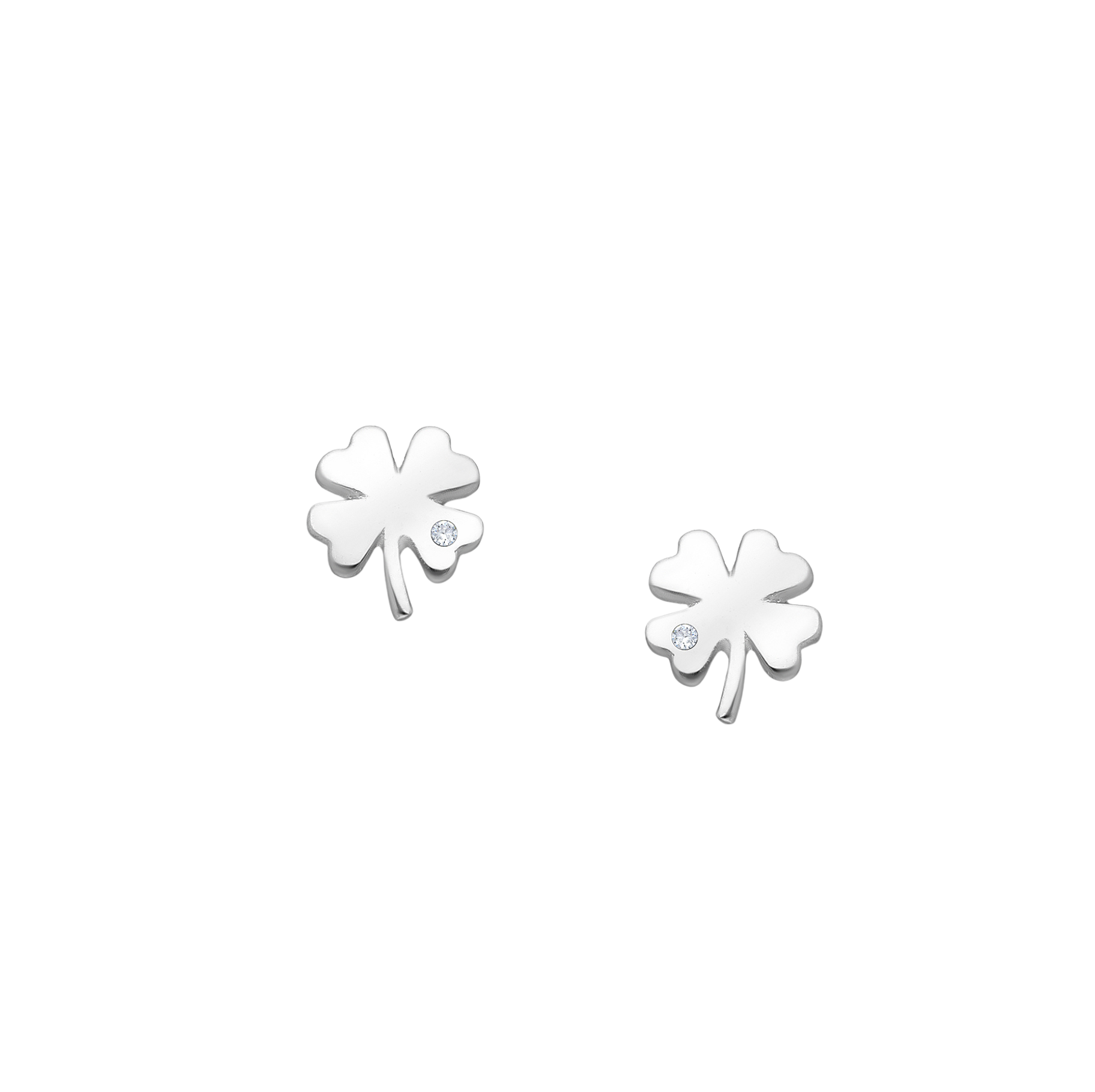 Silver four-leaf clover earrings on a white background