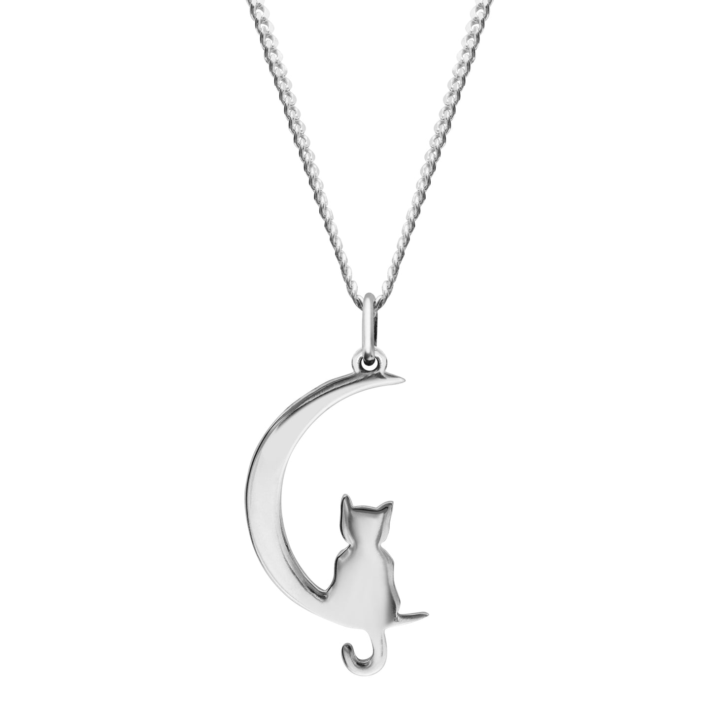 Sterling Silver Cat Crescent Moon Pendant Necklace