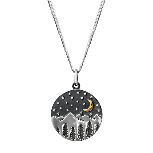 Sterling Silver Mountain Landscape Circular Pendant Necklace