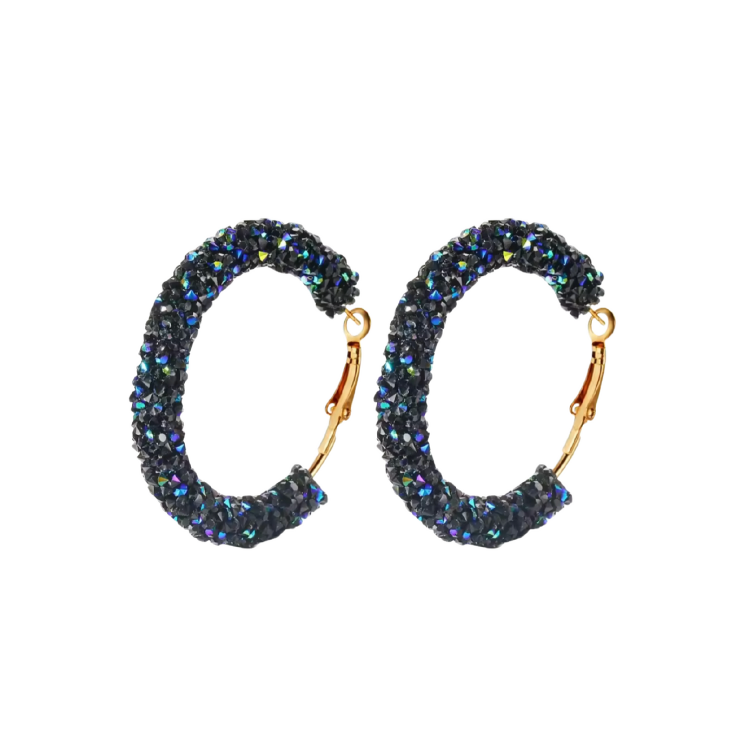 Pair of hoop earrings with blue gemstone-like beads on a white background
