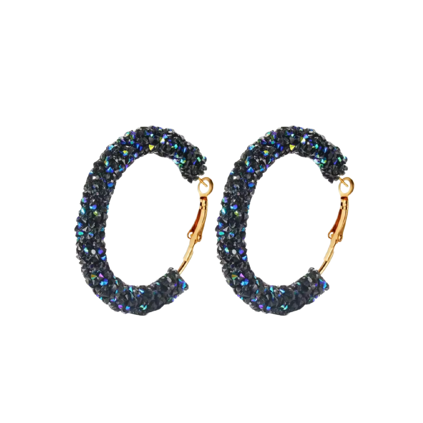 Pair of hoop earrings with blue gemstone-like beads on a white background