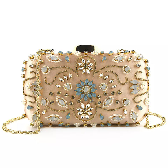 Gold And Sand Satin Grey Opal Crystal Clutch