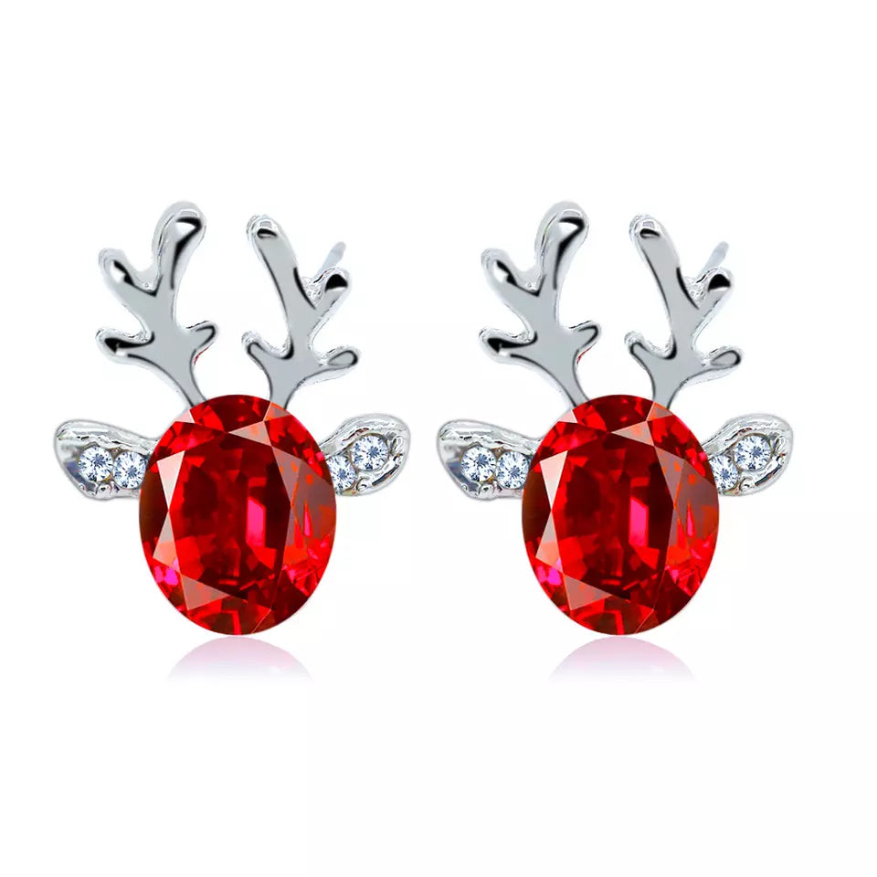 Silvertone And Red Crystal Deer Stud