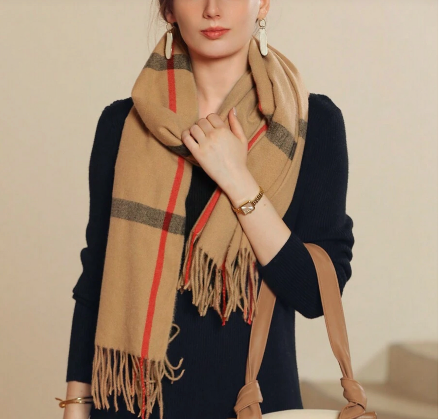 Beige Black And Red Plaid Scarf