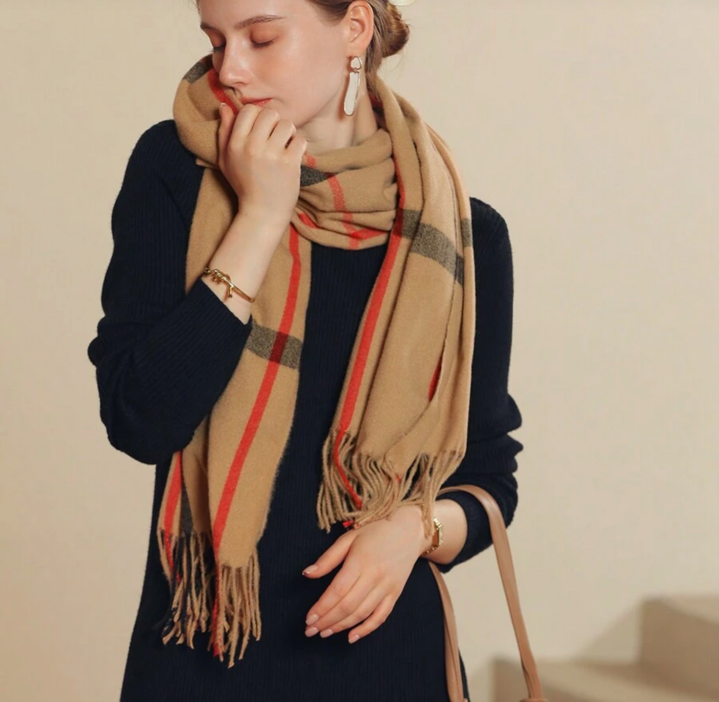 Beige Black And Red Plaid Scarf