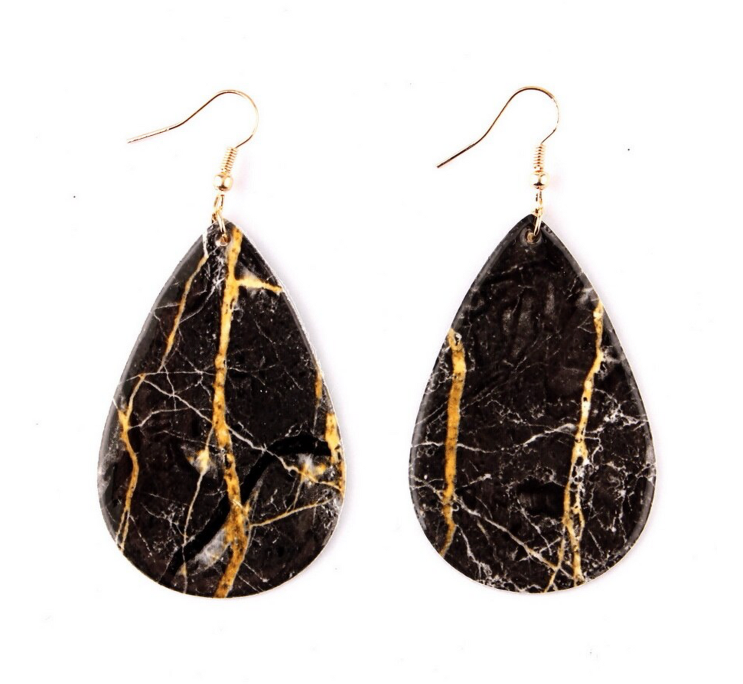 Black & Goldtone Marbled Teardrop Drop Earrings