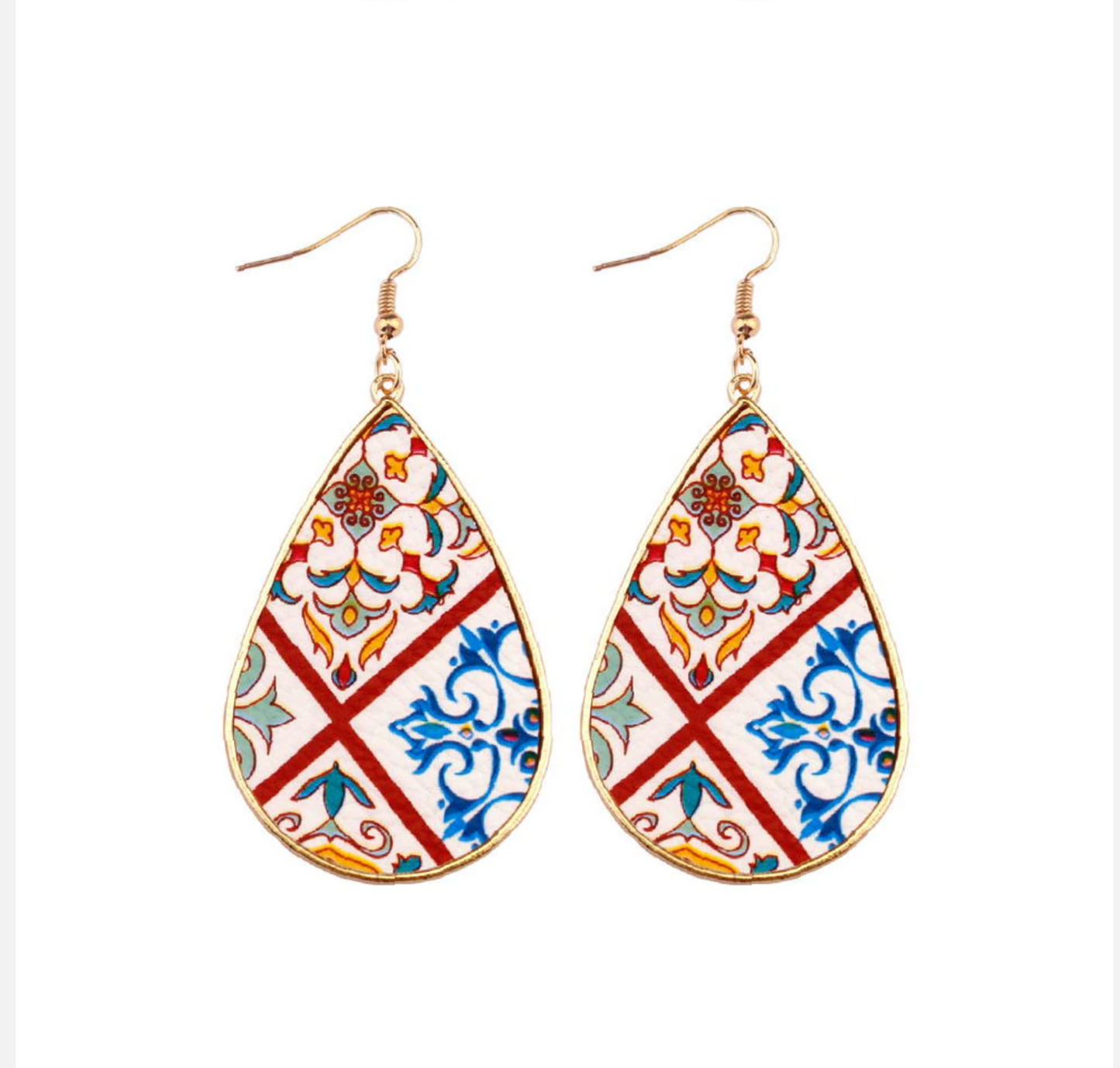 Red & Blue Arabesque Patterned Teardrop Earrings