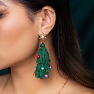 Green Tasseled Christmas Tree With Ornaments Drop Earrings