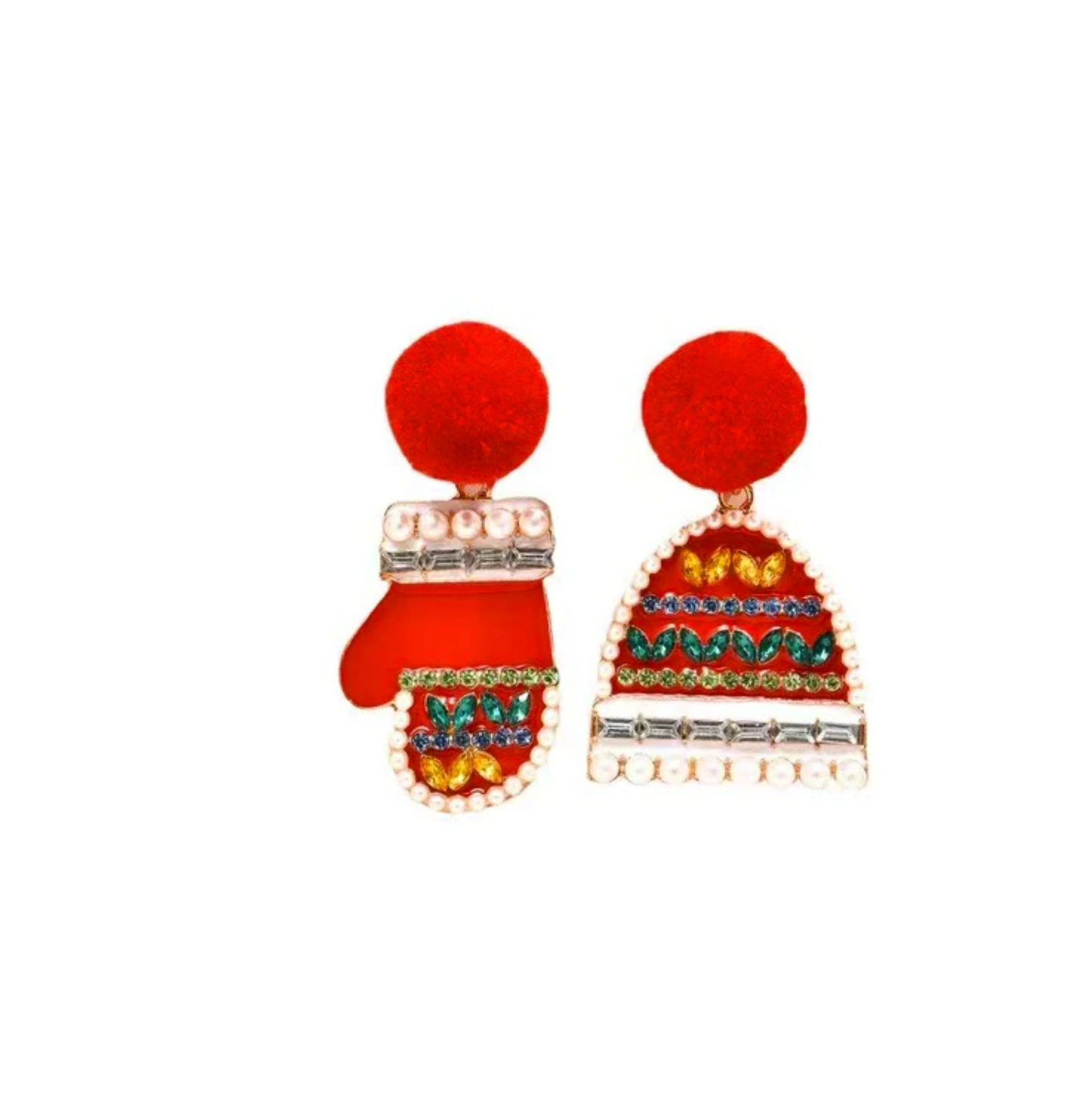 Red & Multi Colored Asymmetrical Pom Pom Mitten Drop Earrings