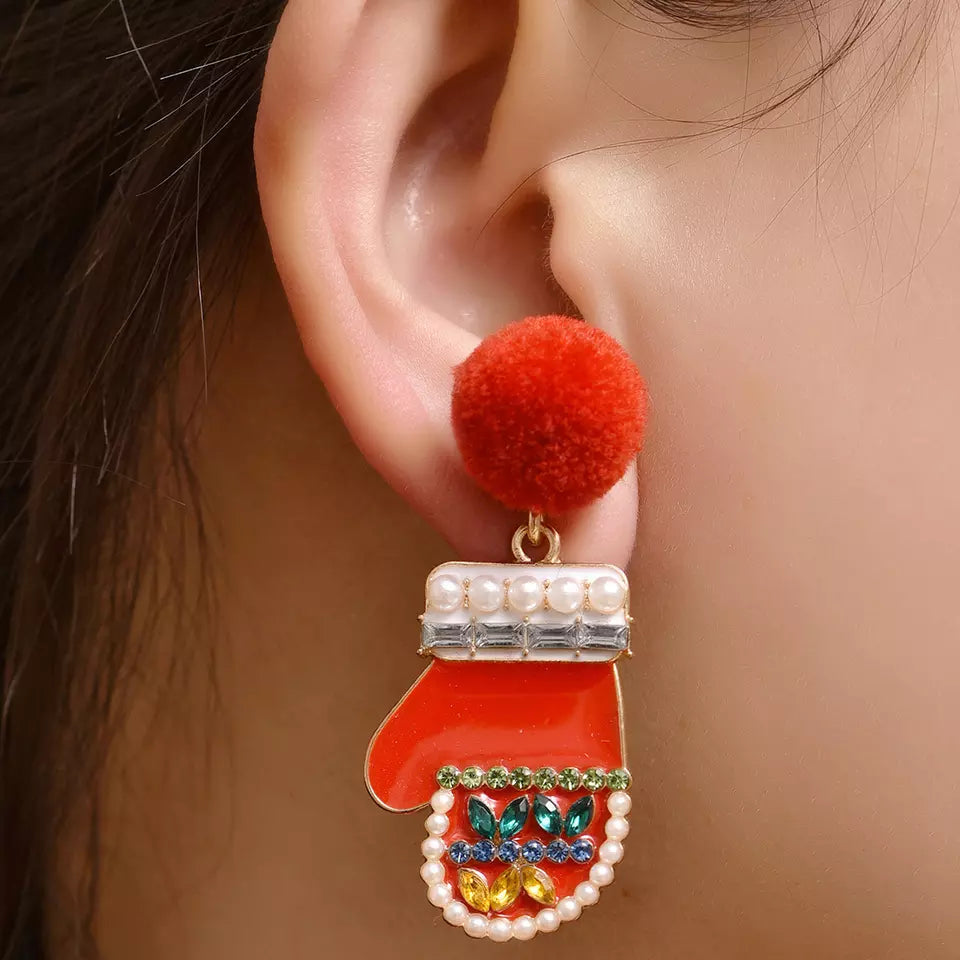 Red & Multi Colored Asymmetrical Pom Pom Mitten Drop Earrings