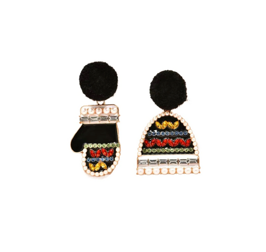 Black & Multi Colored Asymmetrical Mitten & Semi Circle Drop Earrings