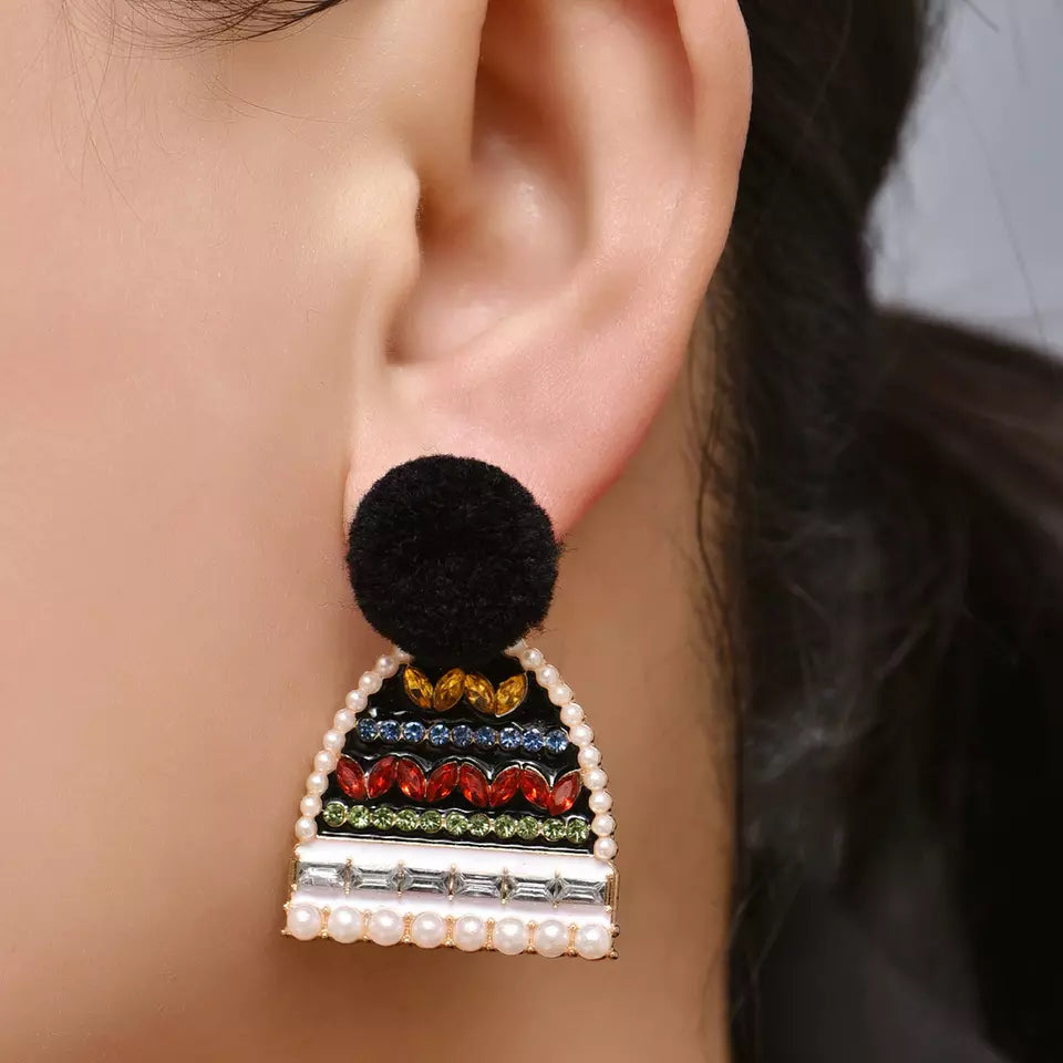 Black & Multi Colored Asymmetrical Mitten & Semi Circle Drop Earrings