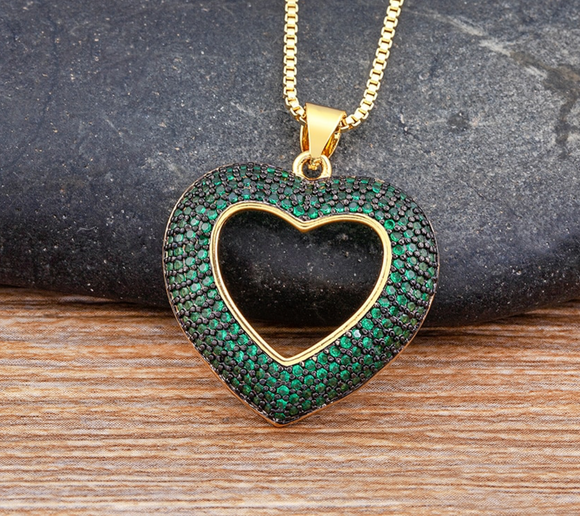 Green & Black Cubic Zirconia Open Heart Pendant Necklace
