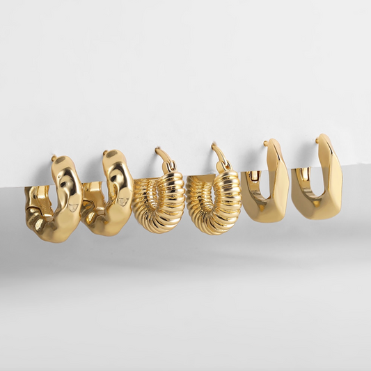 Goldtone - Triple Set - Textured Huggie Hoops