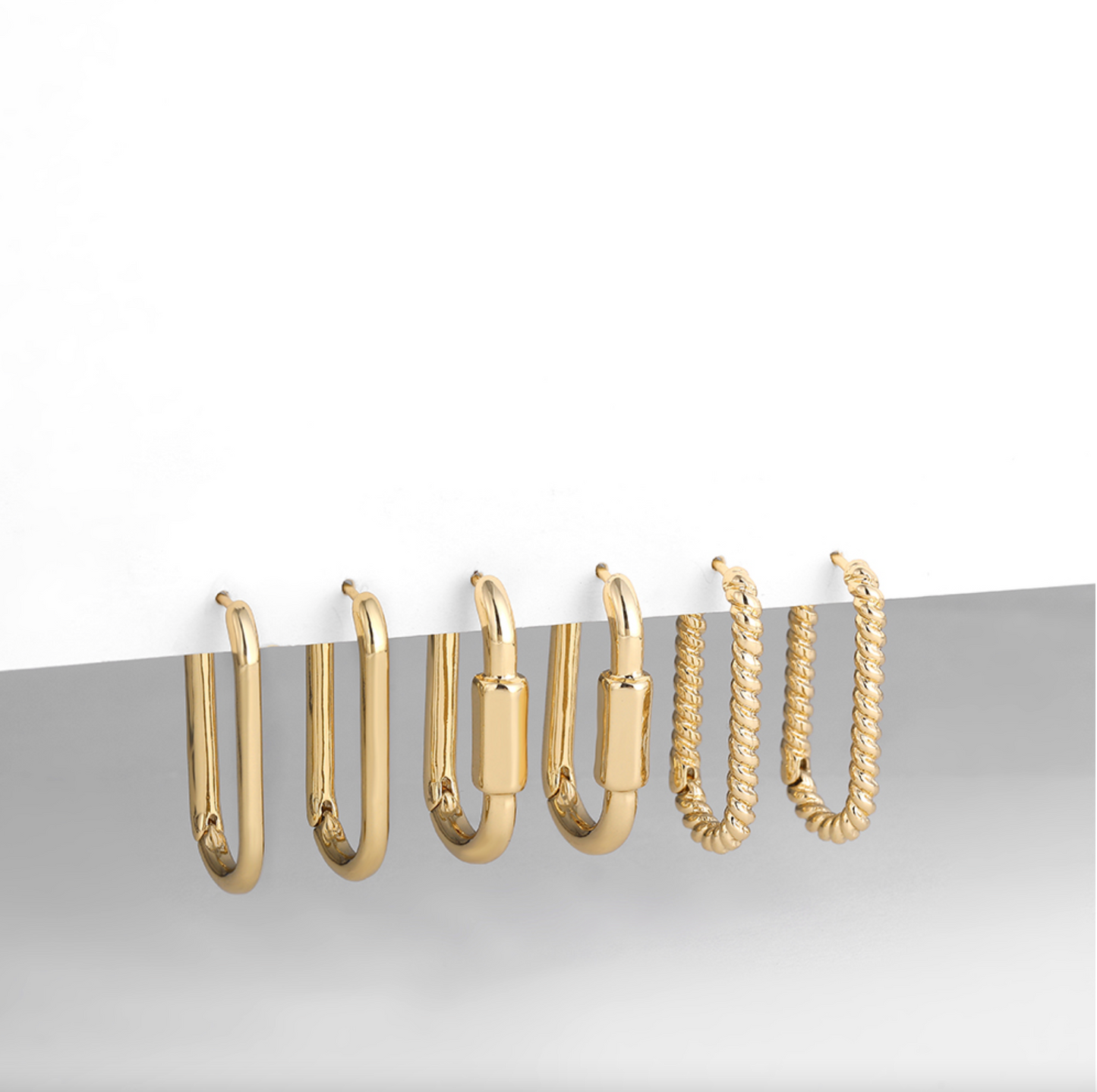Goldtone Minimalist Set Of 3 Squared Hoop Earrings