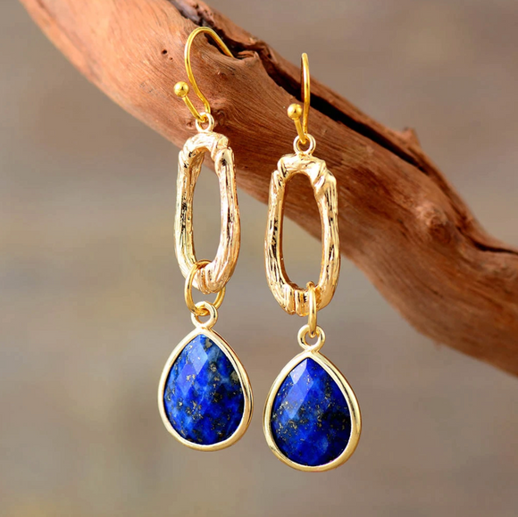 Natural Lapis Lazuli & Goldtone Faceted Teardrop Earrings