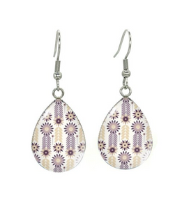 Beige & Purple Floral Teardrop Drop Earrings