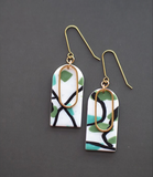 White & Green Mix Arched Earrings With Goldtone Open Oval
