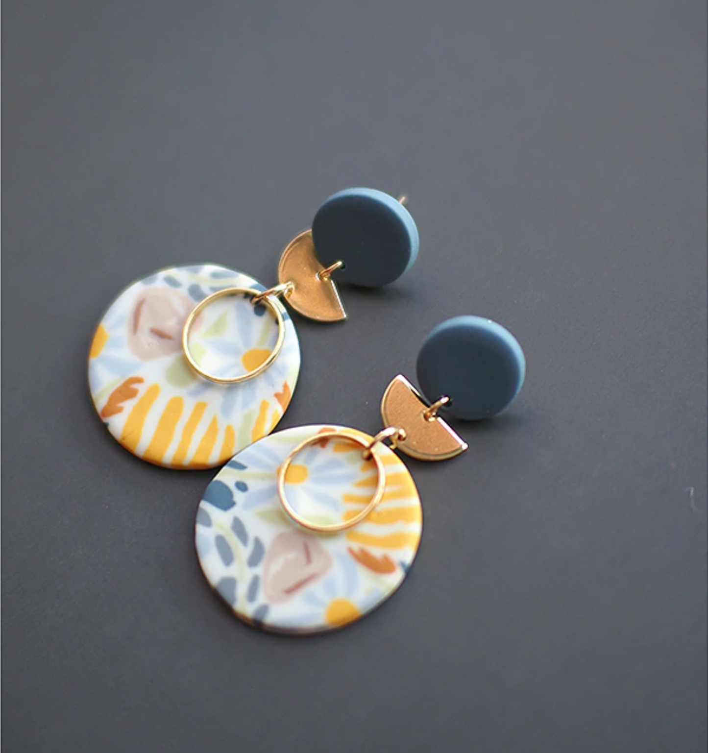 Yellow & Navy Multi Colored Floral Circular Drop Earrings