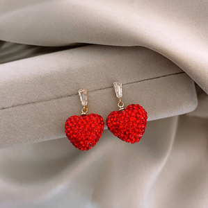 Goldtone Red Crystal Shamballa Heart Drop Earrings