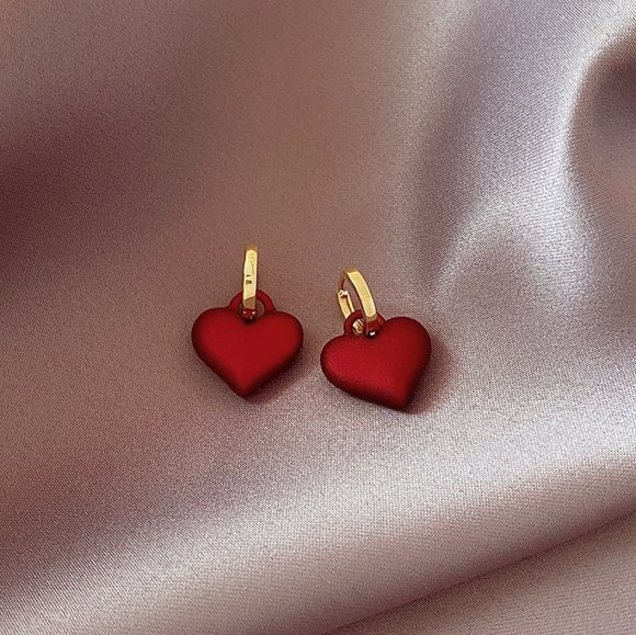 Deep Red And Goldtone Heart Drop Earrings