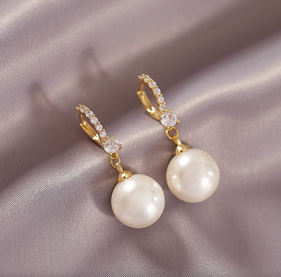 Goldtone Crystal Huggie Hoop Earrings With Faux Pearl