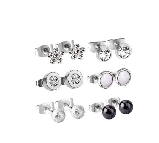 Stainless Steel Flower & Ball Set Of 6 Minimalist Stud Earrings