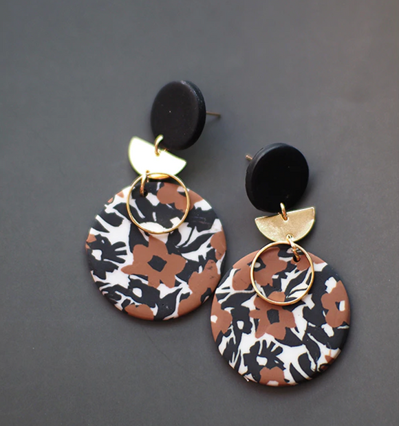 Black & Brown Floral Clay Circular Drop Earrings
