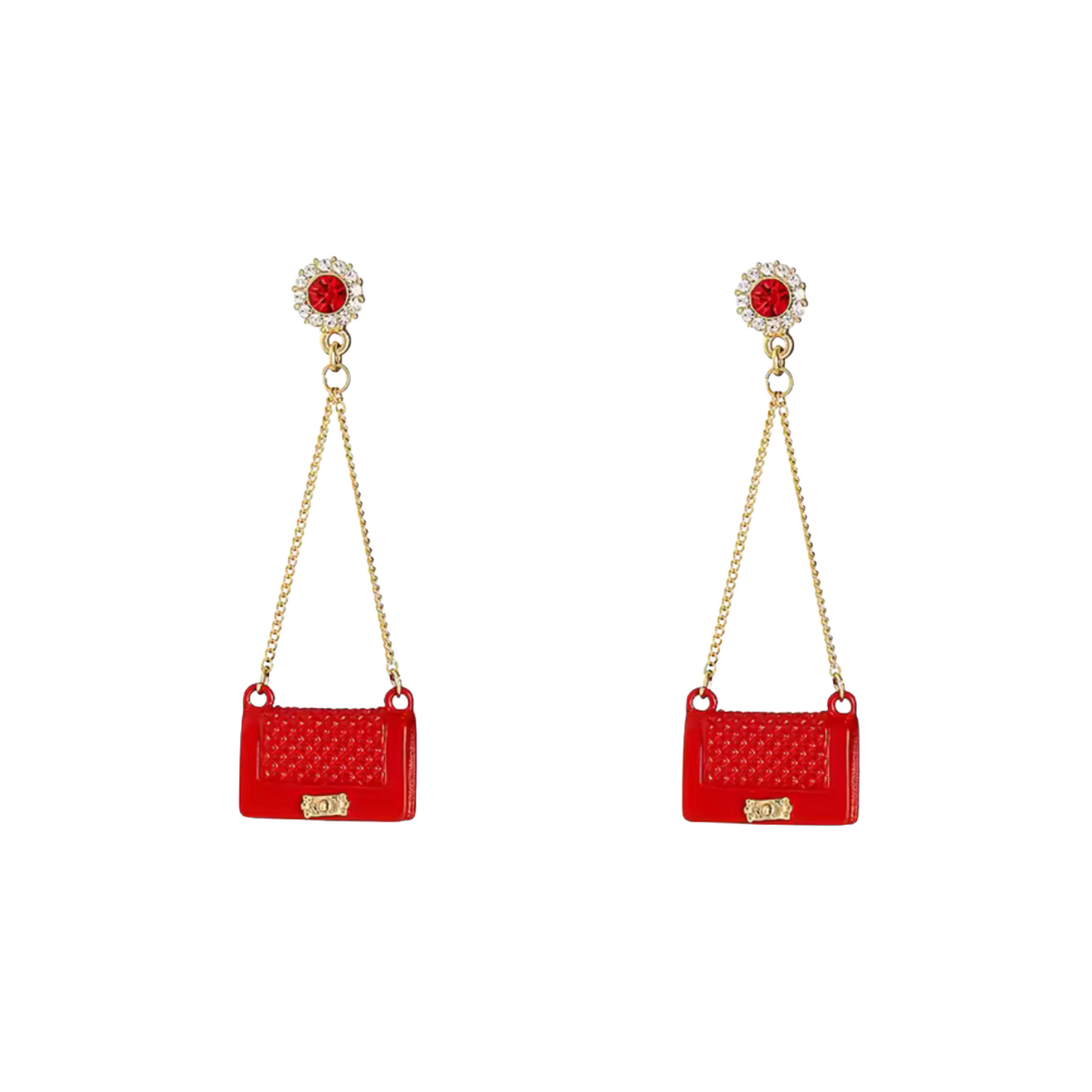 Red bag-shaped earrings with gold chains on a white background