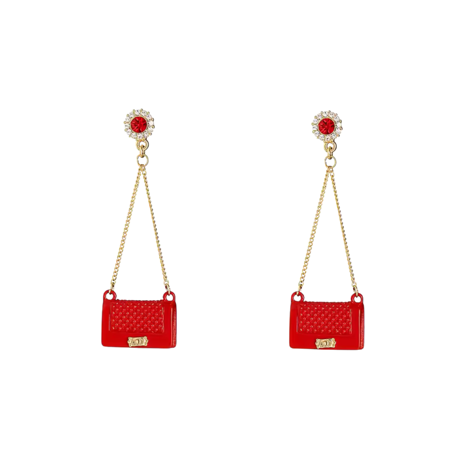 Red bag-shaped earrings with gold chains on a white background